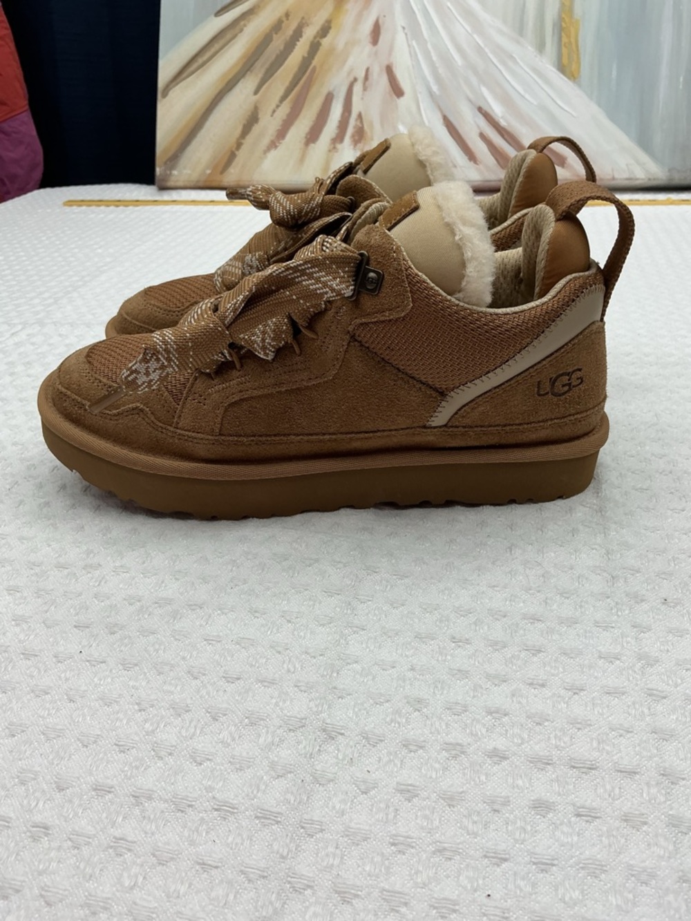 Lomel UGG Chestnut Brown Suede Shearling-Lined Lace-Up Sneakers